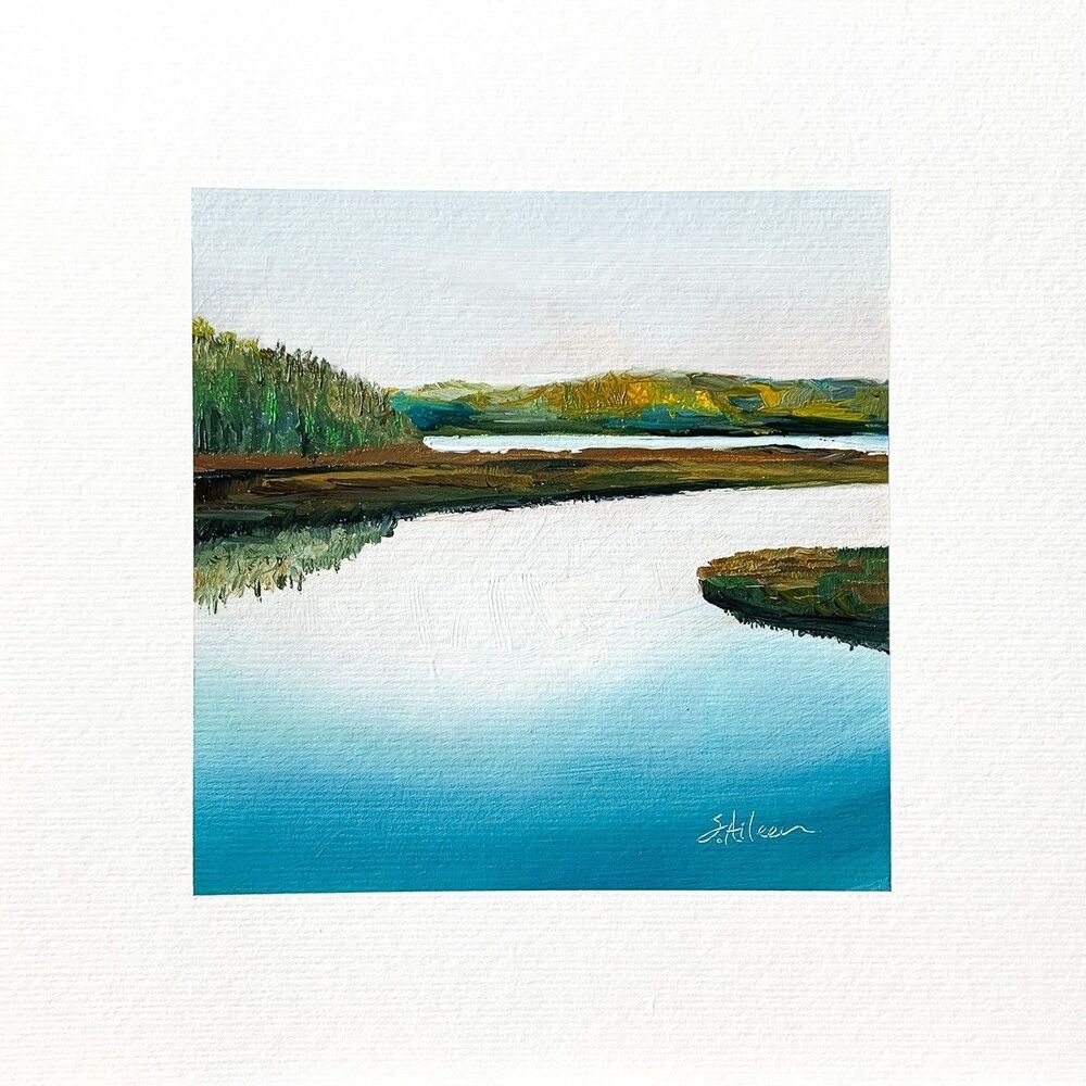 8x8 Maine Original Oil Painting Acadia Bass Harbor Marsh Reflective Water Signed